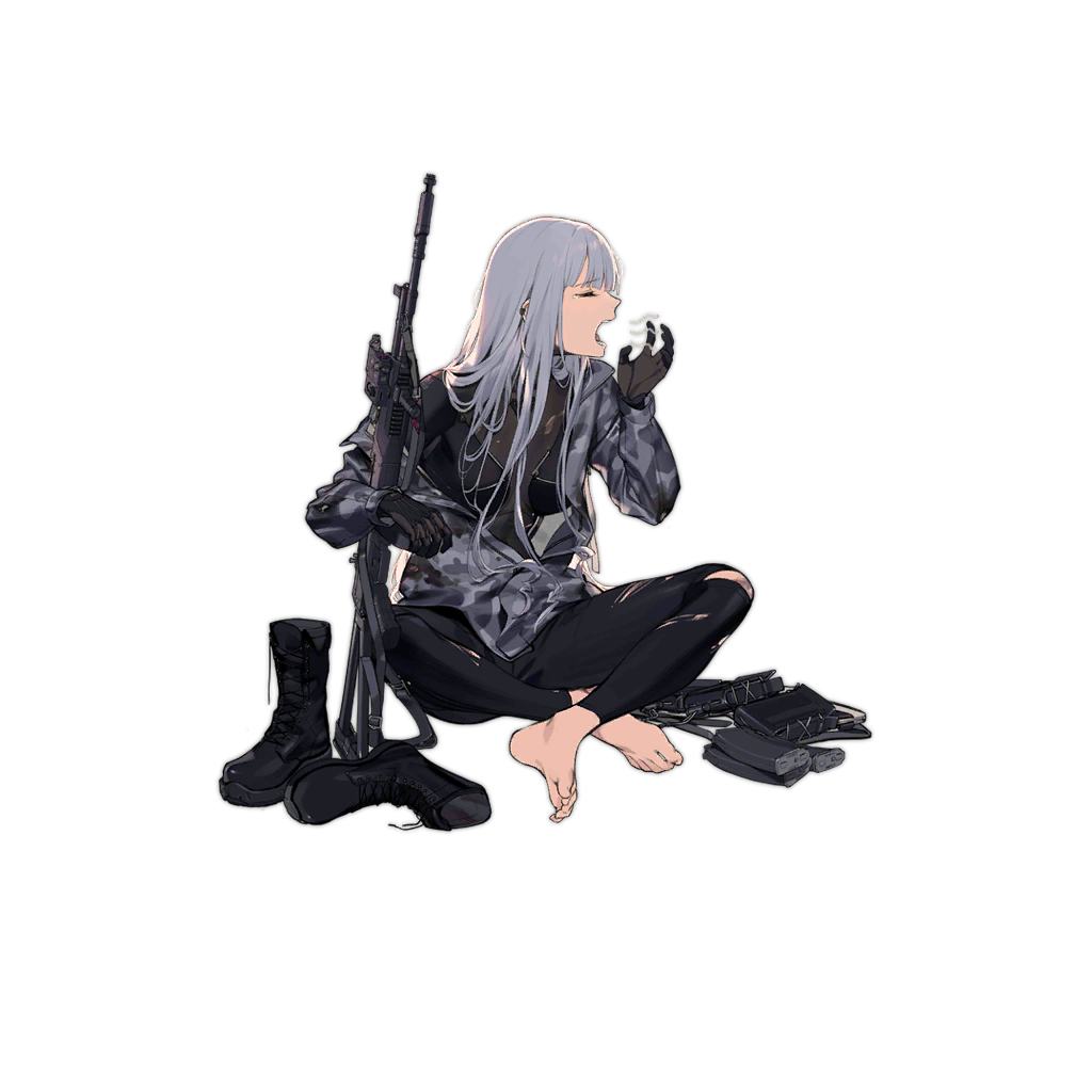 1girl ak-12 ak-12_(girls_frontline) alternate_costume assault_rifle camouflage_jacket closed_eyes duoyuanjun girls_frontline gloves gun holding holding_weapon hood hooded_jacket jacket long_hair magazine_(weapon) official_art rifle sitting solo torn_clothes torn_legwear weapon yawning