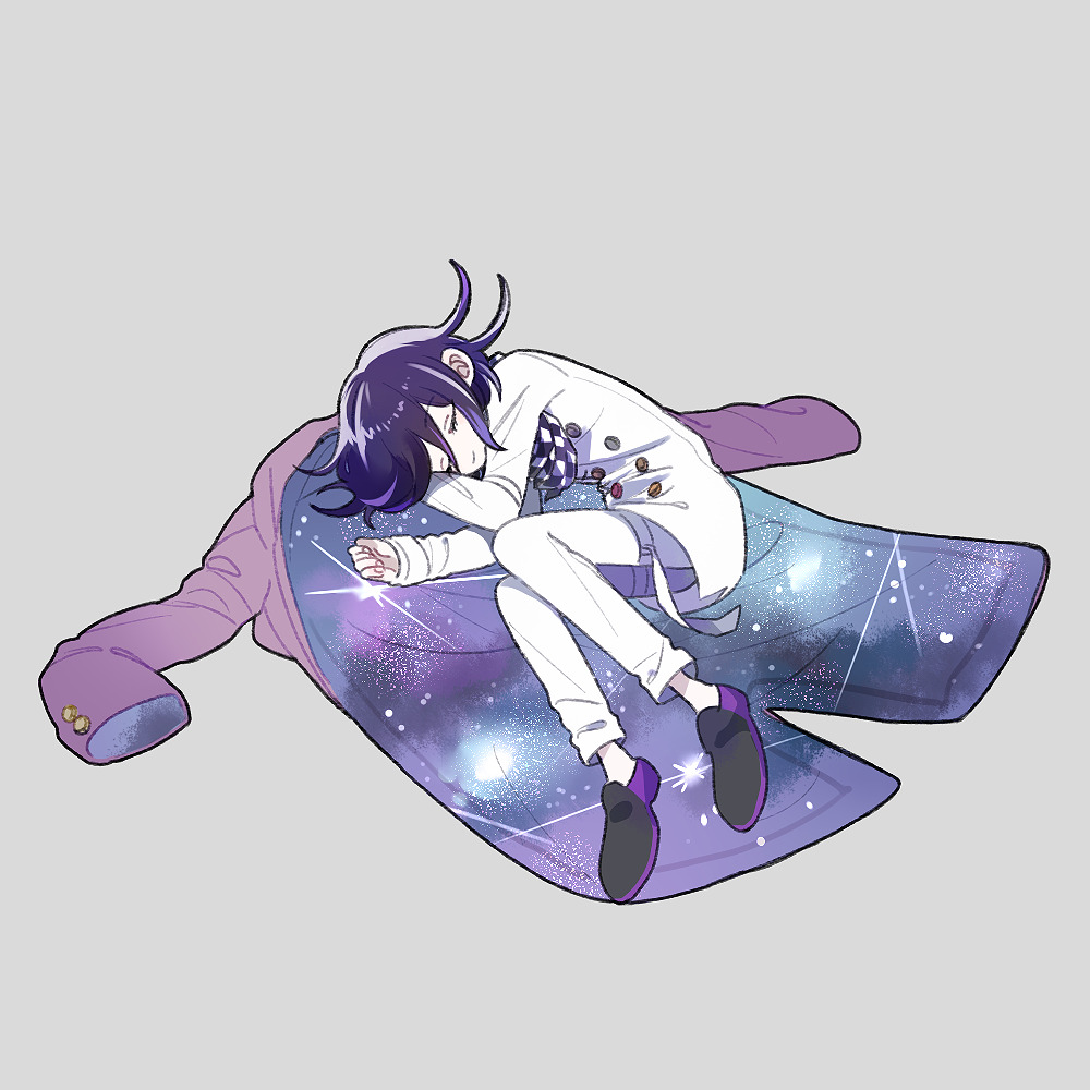 1202_koge 1boy bandana black_footwear blazer borrowed_garments checkered closed_eyes closed_mouth coat commentary_request constellation dangan_ronpa flats flipped_hair full_body grey_background jacket long_sleeves lying male_focus new_dangan_ronpa_v3 on_side ouma_kokichi pants purple_hair purple_jacket shoes short_hair simple_background sleeping solo starry_sky_print white_pants