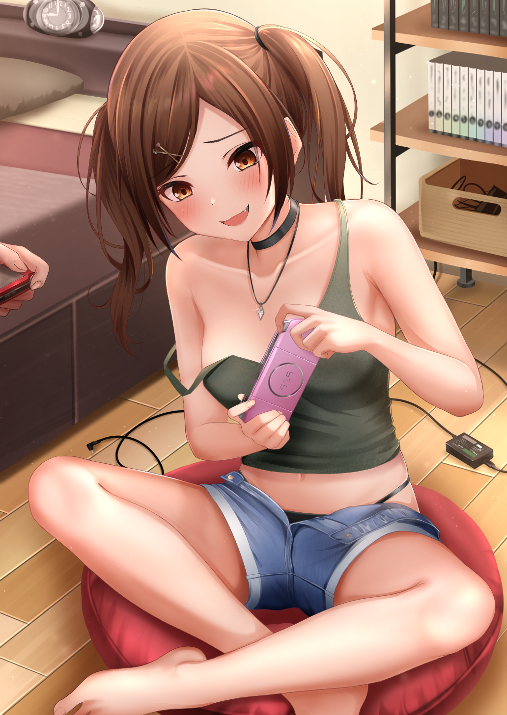 1girl :d bangs bare_arms bare_legs bare_shoulders barefoot bed black_choker black_panties blue_shorts blush breasts brown_eyes brown_hair camisole choker clock collarbone crop_top cushion denim denim_shorts fang grey_shirt hair_ornament hairclip handheld_game_console highres holding indian_style indoors jewelry karu_(qqqtyann) looking_at_object midriff navel necklace no_bra off_shoulder open_clothes open_fly open_mouth open_shorts original panties panty_straps playing_games playstation_portable revision shelf shirt short_shorts short_twintails shorts sitting sleeveless sleeveless_shirt small_breasts smile strap_slip string_panties twintails underwear wire x_hair_ornament