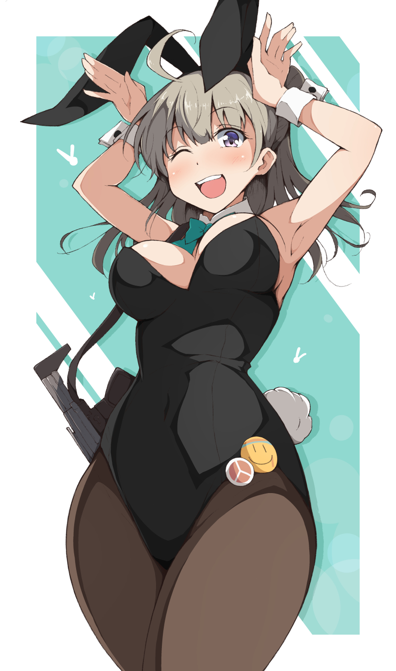 1girl ahoge alternate_costume animal_ears aqua_neckwear bangs black_legwear black_leotard blush breasts bunny_pose bunny_tail detached_collar eyebrows_visible_through_hair fake_animal_ears from_below girls_frontline grey_hair gun highres honey_badger_(girls_frontline) large_breasts leotard long_hair nel-c one_eye_closed pantyhose pins playboy_bunny rabbit_ears simple_background solo tail two-tone_background violet_eyes weapon wrist_cuffs