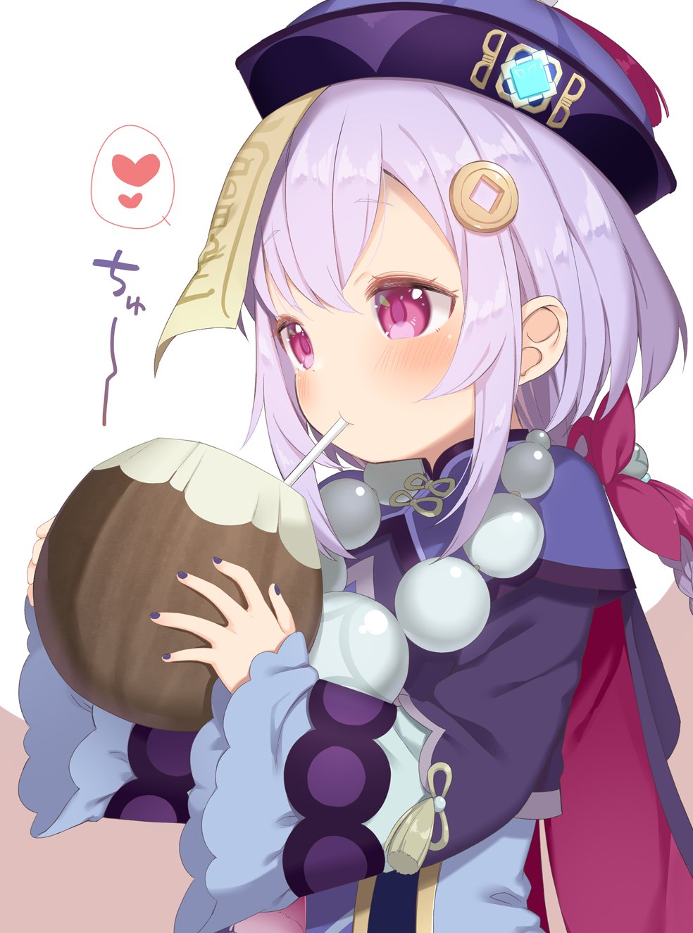 1girl bead_necklace beads bell_sleeves black_nails blush braid braided_ponytail chinese_clothes coconut commentary cup drinking drinking_straw genshin_impact hat heart highres holding holding_cup jewelry jiangshi long_sleeves muku_(muku-coffee) nail_polish necklace no_nose ofuda purple_hair purple_headwear qing_guanmao qiqi sidelocks simple_background solo spoken_heart talisman tassel upper_body violet_eyes white_background