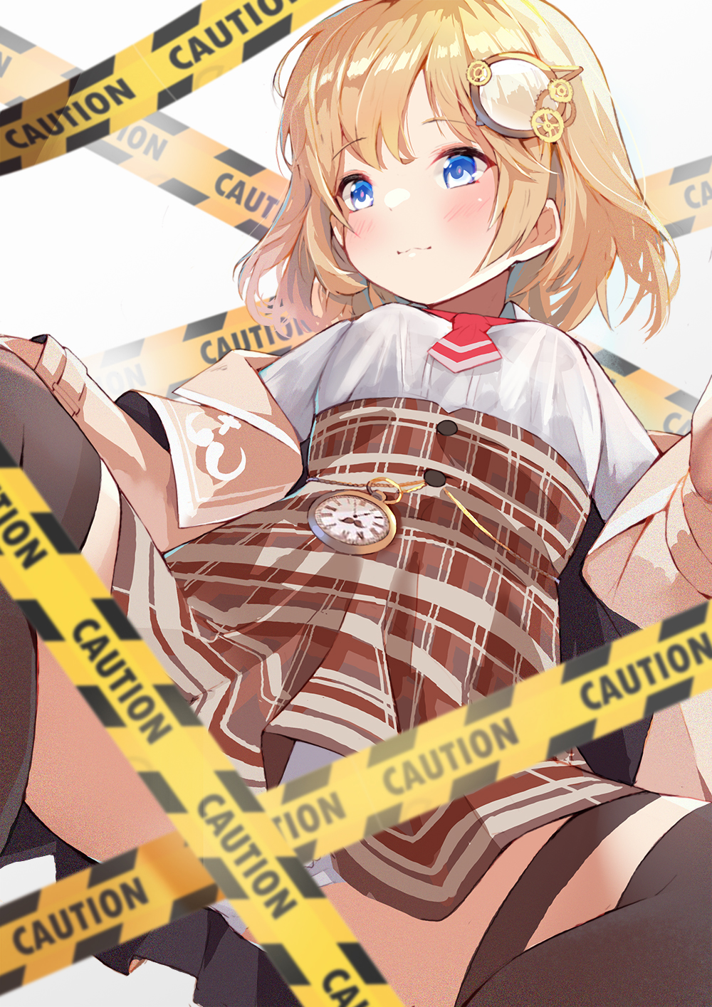 1girl bangs black_legwear blonde_hair blue_eyes blush breasts brown_jacket brown_skirt caution_tape closed_mouth eyebrows_visible_through_hair gradient gradient_background grey_background hair_ornament high-waist_skirt highres hololive hololive_english jacket kobi_(piliheros2000) looking_away looking_to_the_side open_clothes open_jacket plaid plaid_skirt pleated_skirt pocket_watch red_neckwear roman_numerals shirt short_sleeves skirt small_breasts solo thigh-highs virtual_youtuber watch watson_amelia wavy_mouth white_background white_shirt