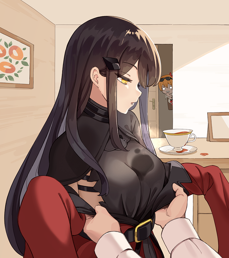 2girls 7eddy bangs belt black_dress black_hair blush breasts brown_eyes brown_hair dandelion_(girls_frontline) dress expressionless eyebrows_visible_through_hair girls_frontline hair_ornament kalina_(girls_frontline) long_hair long_sleeves looking_at_viewer medium_breasts multiple_girls paradeus very_long_hair yellow_eyes