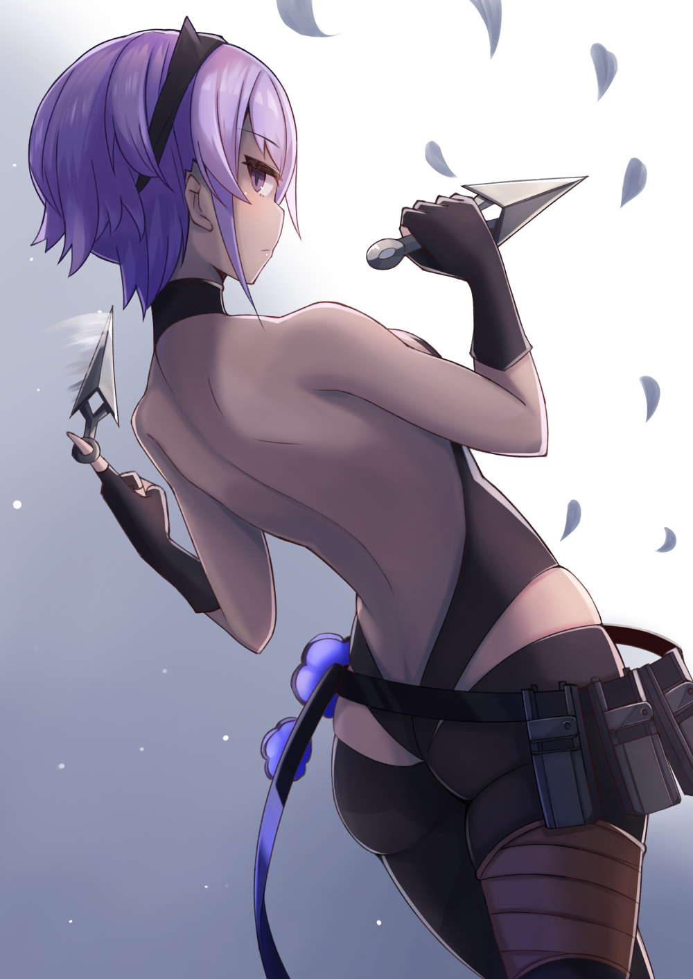 1girl ass black_gloves black_hairband black_leotard dark_skin fate/grand_order fate/prototype fate/prototype:_fragments_of_blue_and_silver fate_(series) fingerless_gloves from_behind gloves hairband hassan_of_serenity_(fate) highres holding holding_knife knife kunai leggings leotard plan_(planhaplalan) purple_hair short_hair solo violet_eyes weapon