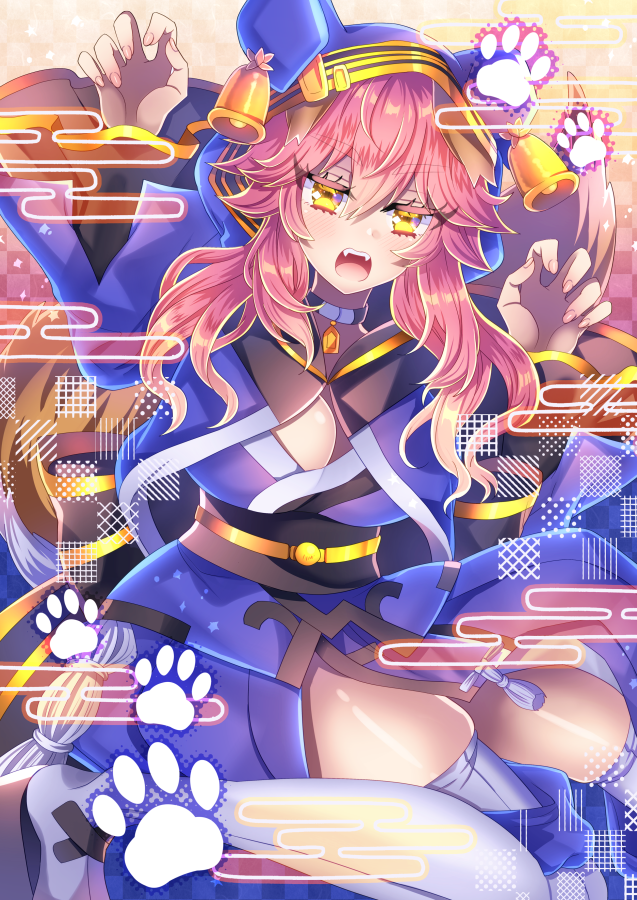 1girl animal_ear_fluff animal_ears bell blue_kimono breasts fang fangs fate/extra fate/grand_order fate_(series) fox_ears fox_girl fox_tail japanese_clothes kimono large_breasts long_hair looking_at_viewer merichi_(ogaomega) open_mouth paw_pose pink_hair tail tamamo_(fate)_(all) tamamo_no_mae_(fate) white_legwear yellow_eyes