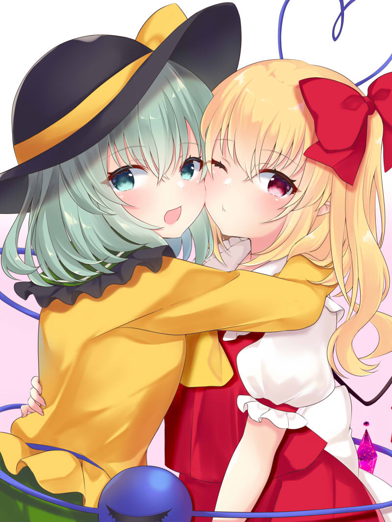 2girls :t aqua_hair black_headwear blonde_hair blue_eyes cheek-to-cheek commentary_request cravat eyebrows_visible_through_hair flandre_scarlet gradient gradient_background green_skirt hair_between_eyes hand_on_another's_back hat hat_ribbon heart heart_of_string hug komeiji_koishi long_sleeves looking_at_viewer multiple_girls no_hat no_headwear one_eye_closed one_side_up open_mouth pink_background puffy_short_sleeves puffy_sleeves red_eyes red_skirt red_vest ribbon shirt short_hair short_sleeves skirt standing third_eye tosakaoil touhou upper_body vest white_background white_shirt wings yellow_neckwear yellow_shirt