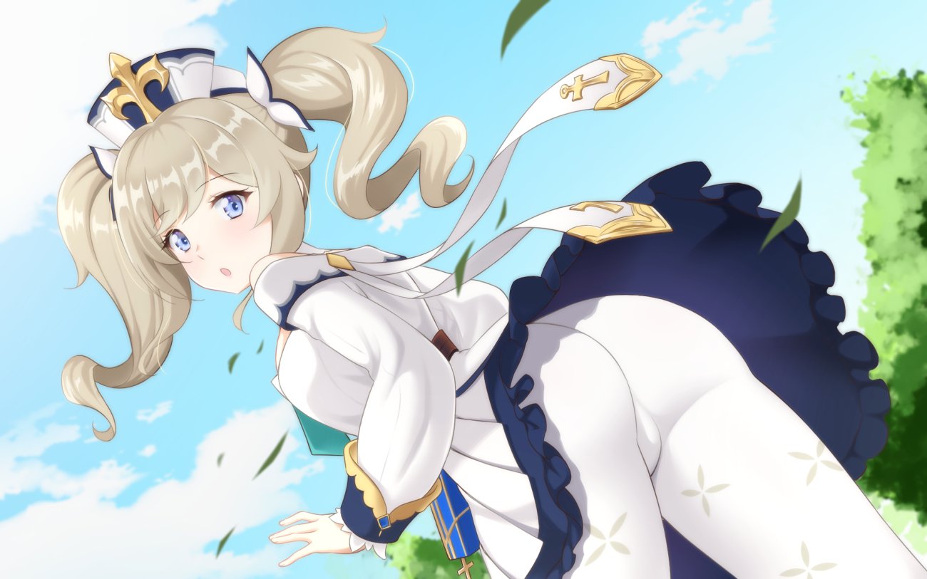 1girl :o ass barbara_(genshin_impact) blonde_hair blue_eyes blue_sky blush clouds dress drill_hair frilled_skirt frills genshin_impact hair_ornament long_sleeves looking_at_viewer looking_back open_mouth pantyhose pleated_skirt shirihime skirt sky solo twin_drills twintails upskirt white_dress white_headwear white_legwear wind wind_lift