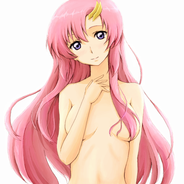 1girl breasts closed_mouth gundam gundam_seed hair_ornament hairclip lacus_clyne long_hair looking_at_viewer pink_hair runaru simple_background smile solo topless white_background