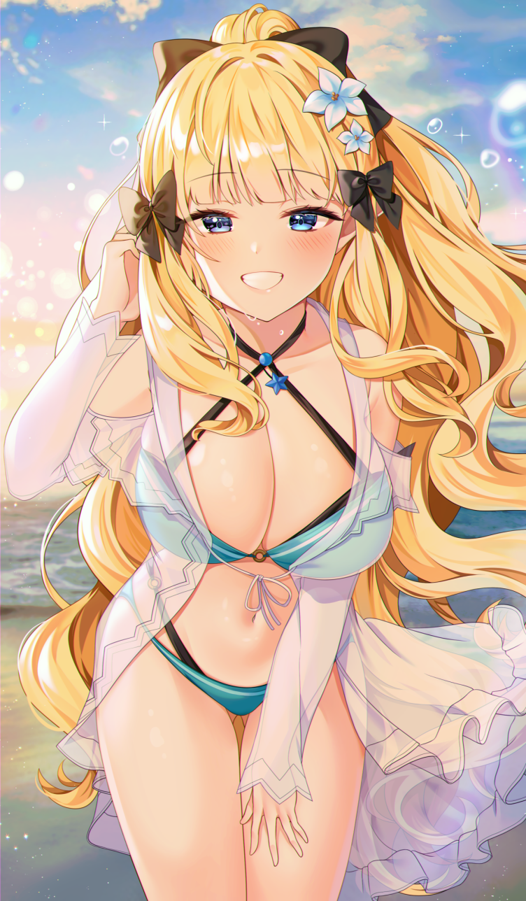 1girl bangs bikini black_bow blonde_hair blue_eyes blush bow breasts elf eyebrows_visible_through_hair flower hair_bow hair_flower hair_ornament highres large_breasts long_hair looking_at_viewer navel pointy_ears ponytail princess_connect! princess_connect!_re:dive reel_(riru) saren_(princess_connect!) smile solo swimsuit