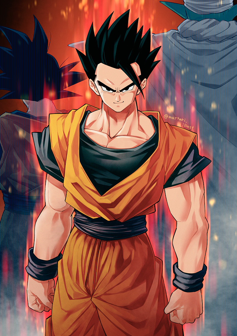 3boys arms_at_sides aura black_eyes black_hair bracer cape closed_mouth dougi dragon_ball dragon_ball_z from_behind looking_at_viewer male_focus mattari_illust multiple_boys muscle piccolo pointy_ears sash smile solo_focus son_gohan son_gokuu spiky_hair standing turban white_cape