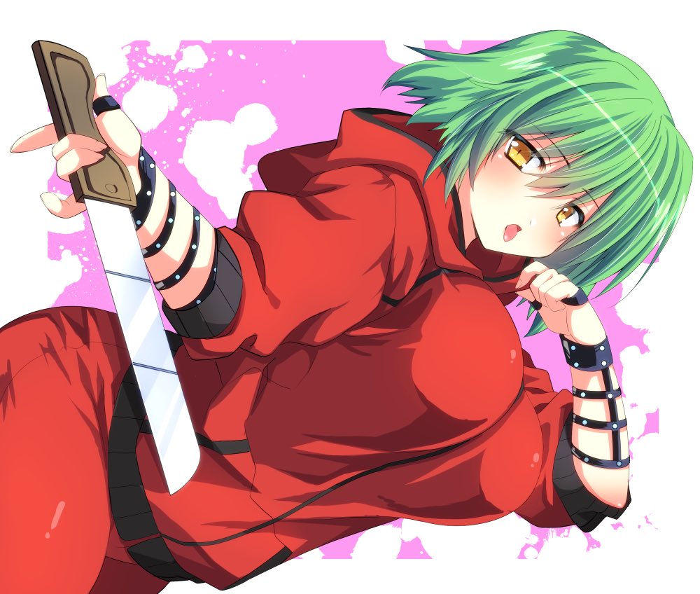 1girl alternate_costume breasts green_hair hikage_(senran_kagura) holding holding_knife holding_weapon knife large_breasts nnmi11 pants pink_background red_hoodie red_pants senran_kagura senran_kagura_new_link short_hair sleeves_rolled_up splatter thighs tongue tongue_out weapon white_background