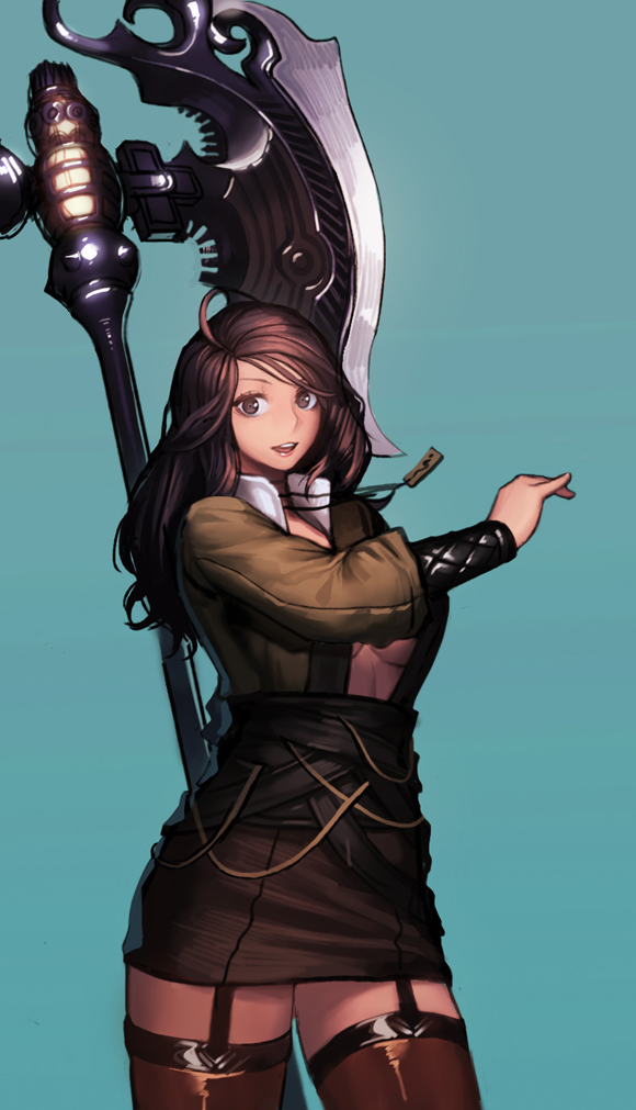 1girl ahoge aqua_background axe blade_&amp;_soul brown_eyes brown_hair brown_legwear cain_(gunnermul) garter_straps holding holding_axe holding_weapon jewelry long_hair looking_at_viewer necklace open_mouth simple_background smile solo teeth thigh-highs upper_teeth weapon