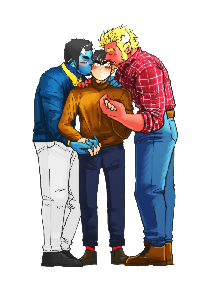 3boys alternate_costume bara black_eyes black_hair blonde_hair blue_oni blue_oni_(chijimetaro) blue_skin blush cheek_kiss chijimetaro denim full_body glasses hands_clasped height_difference holding_another's_arm holding_hands horns jeans kiss large_hands looking_at_viewer lucky_student_(chijimetaro) male_focus multiple_boys muscle oni oni_horns original own_hands_together pants pointy_ears red_oni red_oni_(chijimetaro) red_skin shoes short_hair younger