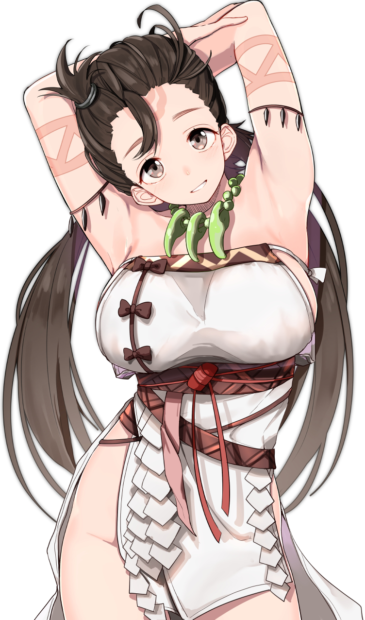 1girl armpits arms_behind_head arms_up bare_shoulders blush body_markings breasts brown_eyes brown_hair facial_mark fate/grand_order fate_(series) forehead forehead_mark highres himiko_(fate) large_breasts long_hair looking_at_viewer magatama magatama_necklace smile thighs topknot twintails yuuzuki_(re'ef)