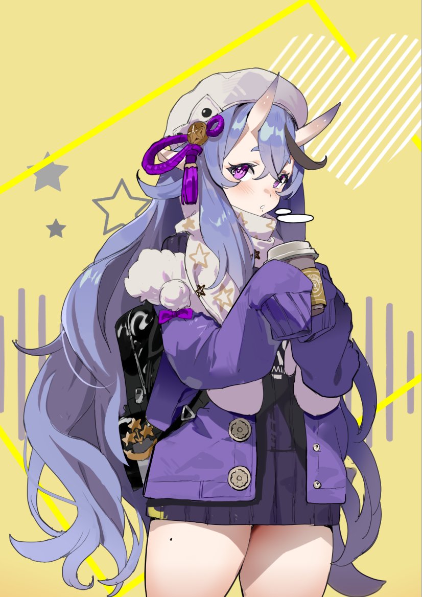 1girl backpack bag beret blush coat coffee_cup commentary cowboy_shot cup disposable_cup eyebrows_visible_through_hair eyelashes hair_between_eyes hat heart holding holding_cup horns long_hair long_sleeves looking_at_viewer mole mole_on_thigh mole_under_mouth nijisanji oni_horns open_clothes open_coat purple_coat purple_hair purple_sweater rindou_mikoto rope scarf seinen simple_background sleeves_past_fingers sleeves_past_wrists solo star_(symbol) star_print sweater thick_eyebrows thighs very_long_hair violet_eyes virtual_youtuber wavy_hair white_headwear white_scarf winter_clothes winter_coat yellow_background