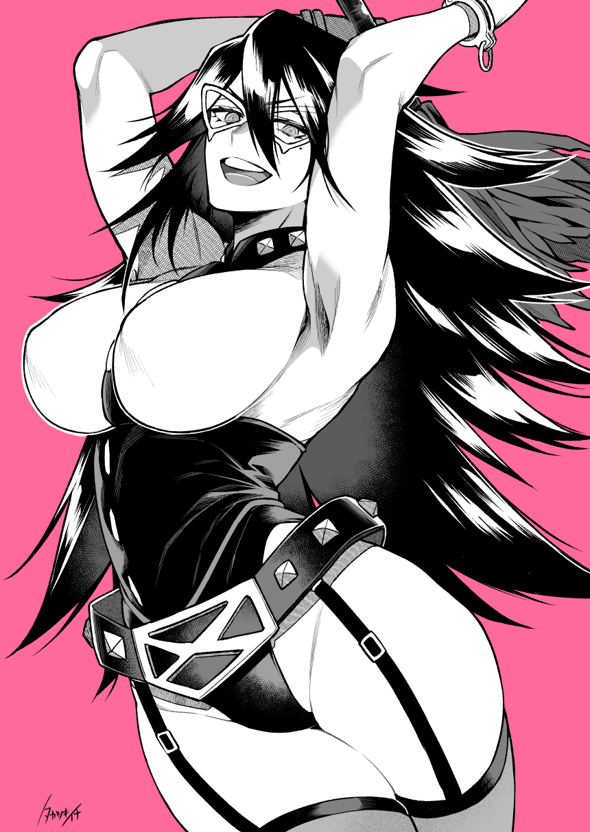 1girl arms_up belt boku_no_hero_academia breasts commentary_request covered_nipples cowboy_shot cuffs garter_straps greyscale hair_between_eyes handcuffs hatching highres holding holding_weapon holding_whip large_breasts leotard long_hair looking_at_viewer mask midnight_(boku_no_hero_academia) mole mole_under_eye monochrome open_mouth pink_background signature simple_background solo takatsuki_ichi teeth thigh-highs tongue upper_teeth weapon whip