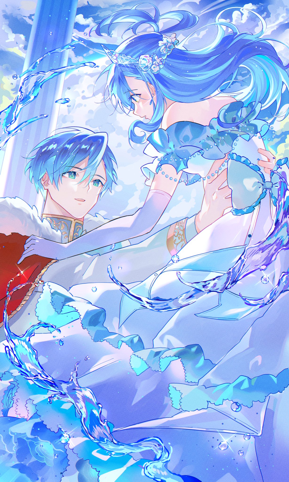 1boy 1girl alternate_costume blue_eyes blue_hair blue_sky brother_and_sister cape clouds dress earrings elbow_gloves english_commentary facing_another frilled_dress frills fur-trimmed_robe fur_trim gloves highres hololive hololive_indonesia holostars holostars_english jewelry kobo_kanaeru lifting_person liquid liquid_hair long_hair looking_at_another moehime red_robe regis_altare robe royal_robe short_hair siblings sky smile sparkle suit surprised tiara virtual_youtuber water water_drop white_gloves white_hair