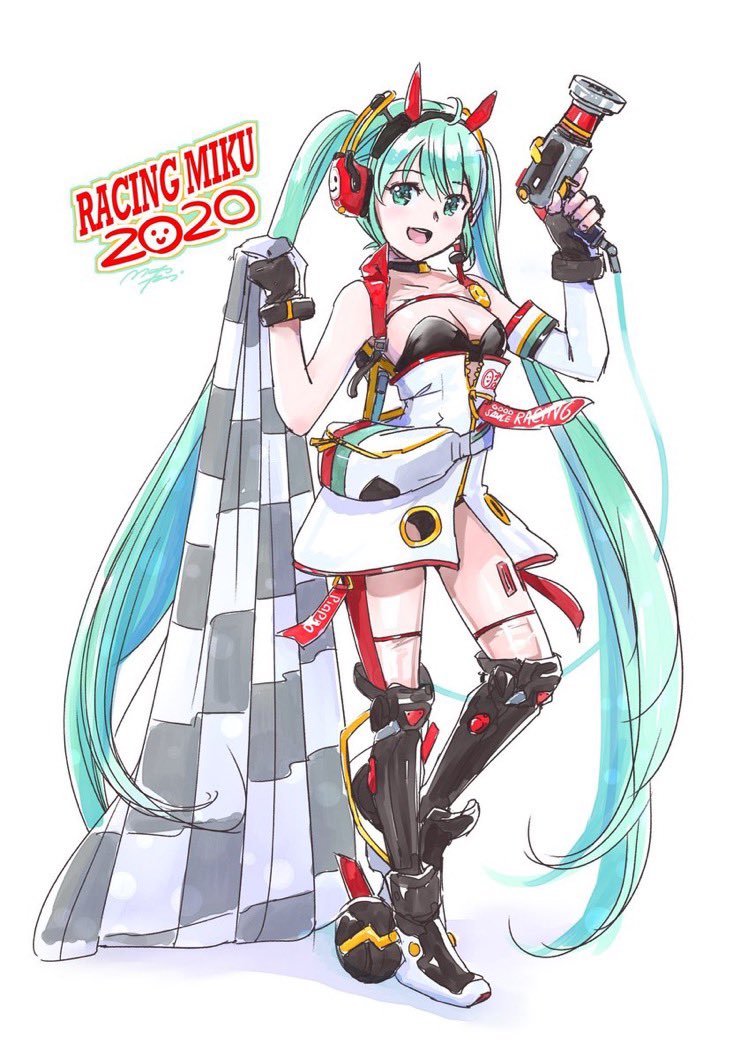 1girl ahoge aqua_eyes aqua_hair black_gloves cable character_name checkered checkered_flag commentary dress fingerless_gloves flag full_body gloves goodsmile_racing gun hair_ornament hands_up hatsune_miku headphones holding holding_flag holding_gun holding_weapon holding_wrench impact_wrench leg_armor long_hair looking_at_viewer mayo_riyo open_mouth pouch racing_miku racing_miku_(2020) see-through sleeveless sleeveless_dress smile smiley_face standing strapless strapless_dress thigh-highs twintails very_long_hair vocaloid weapon white_background white_dress wrench zettai_ryouiki