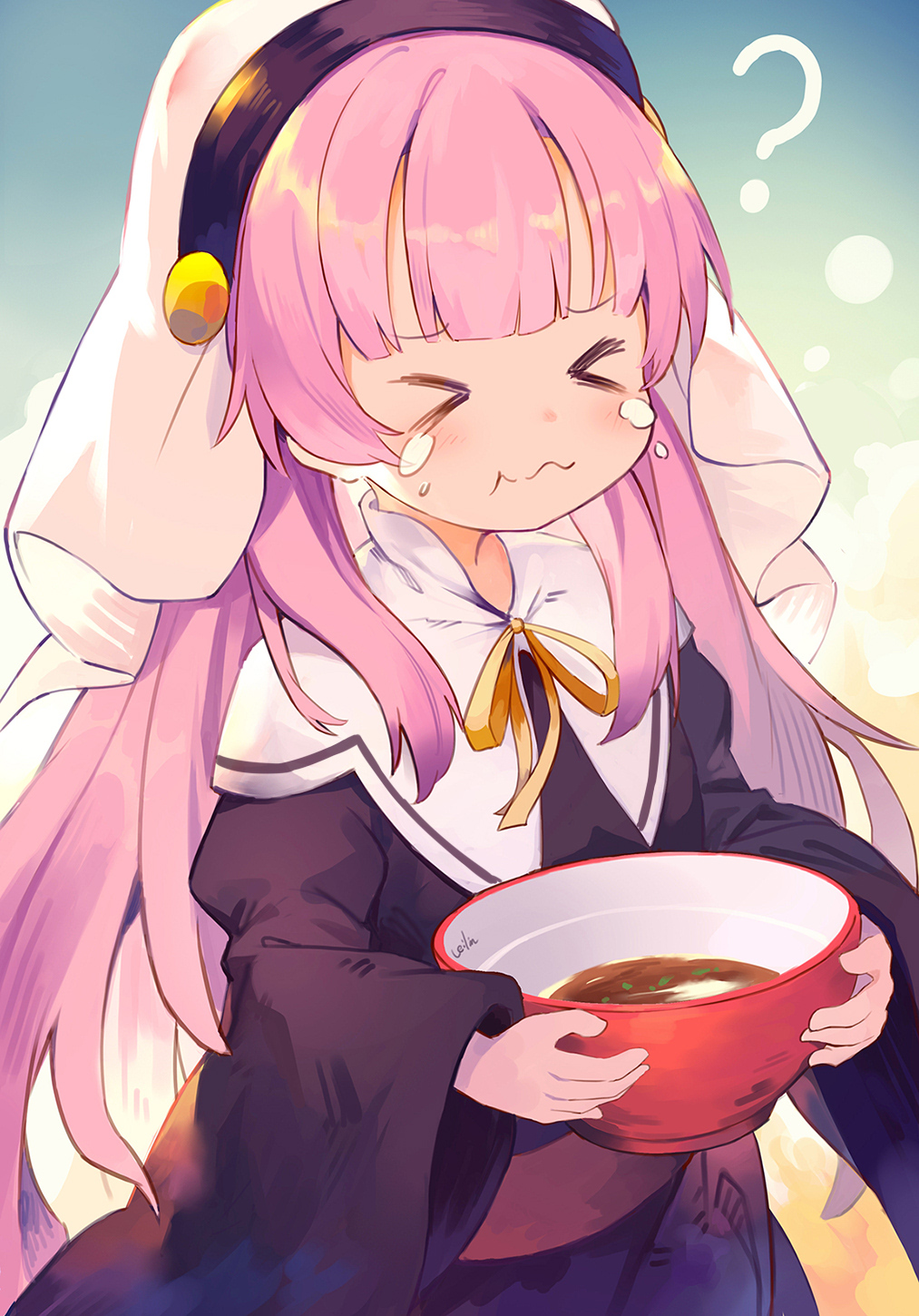 1girl :t ? bangs black_dress bowl closed_eyes closed_mouth commentary_request dress eyebrows_visible_through_hair facing_viewer food highres holding holding_bowl kamisama_ni_natta_hi leilin long_hair long_sleeves neck_ribbon pink_hair ribbon satou_hina_(kamisama_ni_natta_hi) solo tears veil very_long_hair wavy_mouth wide_sleeves yellow_ribbon