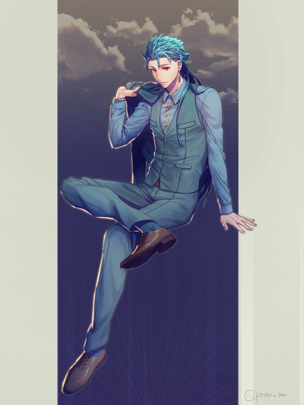 1boy blue_hair clouds collared_shirt crossed_legs cu_chulainn_(fate)_(all) cu_chulainn_(fate/grand_order) dress_shirt dress_shoes earrings fate/grand_order fate_(series) full_body heroic_spirit_formal_dress highres hikaru_(asteriskring) invisible_chair jacket_over_shoulder jewelry long_hair male_focus red_eyes shirt sitting smile solo spiky_hair twitter_username type-moon vest