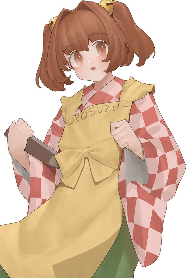 1girl apron bangs bell blush book bow bow_apron brown_eyes brown_hair character_name checkered checkered_kimono checkered_shirt clothes_writing cowboy_shot curled_fingers djjj5322 eyebrows_visible_through_hair fang glasses hair_bell hair_ornament head_tilt holding holding_book japanese_clothes jingle_bell kimono long_sleeves looking_at_viewer motoori_kosuzu open_mouth romaji_text shirt short_hair simple_background solo touhou twintails two_side_up white_background wide_sleeves yellow_apron yellow_bow