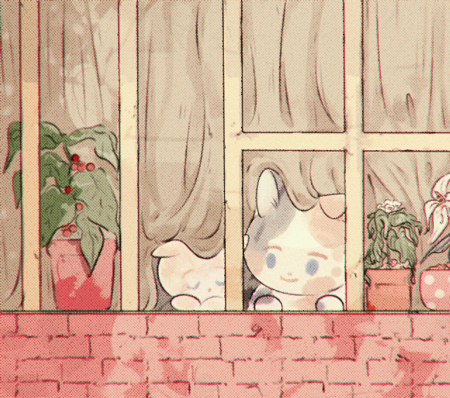 animal animal_focus brick calico cat chromatic_aberration closed_eyes closed_mouth curtains film_grain flower flower_pot head_rest looking_at_another looking_to_the_side moricky muted_color no_humans original plant potted_plant shade sleeping smile window windowsill