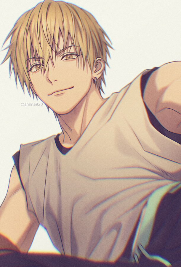 1boy bangs black_pants blurry brown_eyes brown_hair closed_mouth commentary_request depth_of_field grey_background grey_shirt hair_between_eyes jewelry kise_ryouta kuroko_no_basuke looking_at_viewer male_focus mashima_shima pants shirt short_hair simple_background single_earring sitting sleeveless sleeveless_shirt smile solo twitter_username upper_body