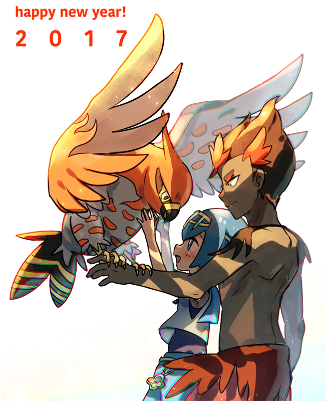 1boy 1girl bird blue_eyes blue_hair blush commentary_request dark_skin dark_skinned_male dated gen_6_pokemon happy_new_year kiawe_(pokemon) lana_(pokemon) multicolored_hair new_year open_mouth pokemon pokemon_(creature) pokemon_(game) pokemon_on_arm pokemon_sm shinonoko_(tubamecider) shirtless shoulder_blades smile talonflame tongue two-tone_hair white_background