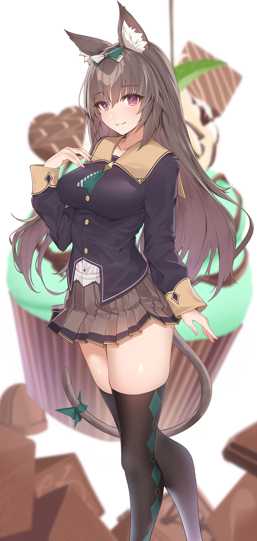 1girl animal_ears bangs blush bow breasts brown_hair cat_ears cat_tail eyebrows_visible_through_hair hair_between_eyes hair_bow hand_up highres jacket large_breasts long_hair looking_at_viewer original pleated_skirt shirt sidelocks skindentation skirt smile solo tail tail_bow thigh-highs thighs very_long_hair violet_eyes yaman