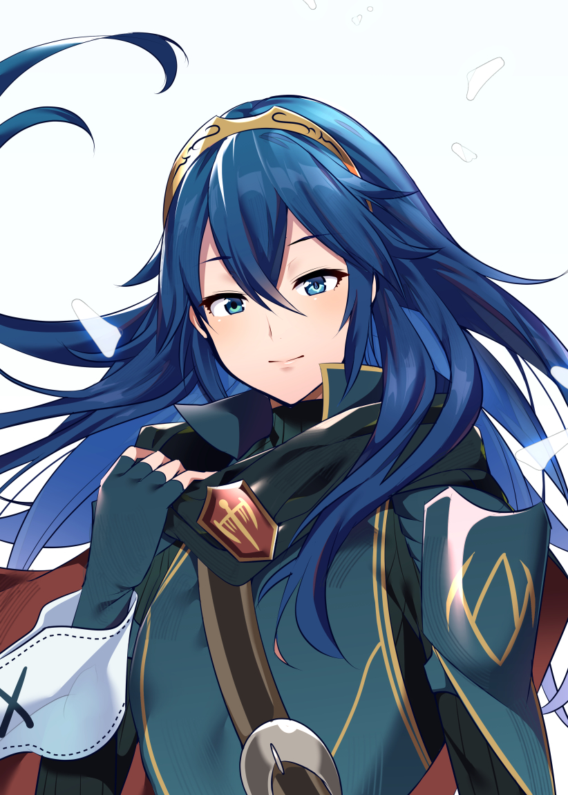 1girl ameno_(a_meno0) blue_eyes blue_hair cute fingerless_gloves fire_emblem fire_emblem:_kakusei fire_emblem_13 fire_emblem_awakening flat_chest gloves intelligent_systems long_hair looking_at_viewer lucina lucina_(fire_emblem) nintendo scarf simple_background smile solo symbol-shaped_pupils tiara white_background