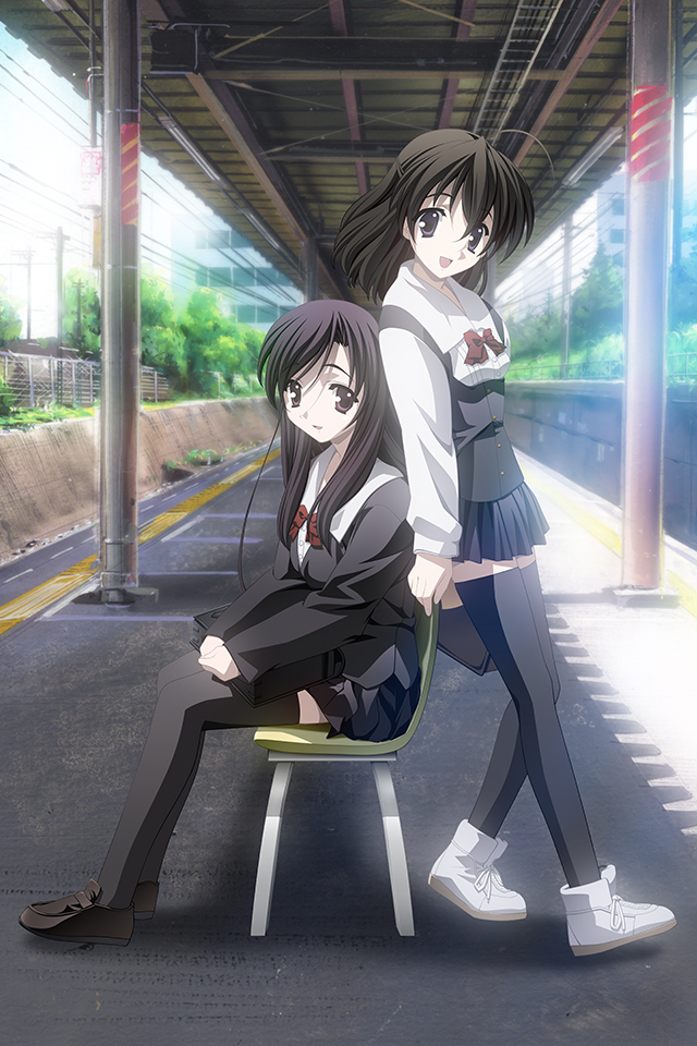 2girls black_hair katsura_kotonoha leaf leaning_on_object loafers multiple_girls pale_skin phone_wallpaper red_ribbon ribbon saionji_sekai school_days school_days_hq shoes sitting standing steel_beam sunlight train_station tree vanishing_point white_footwear