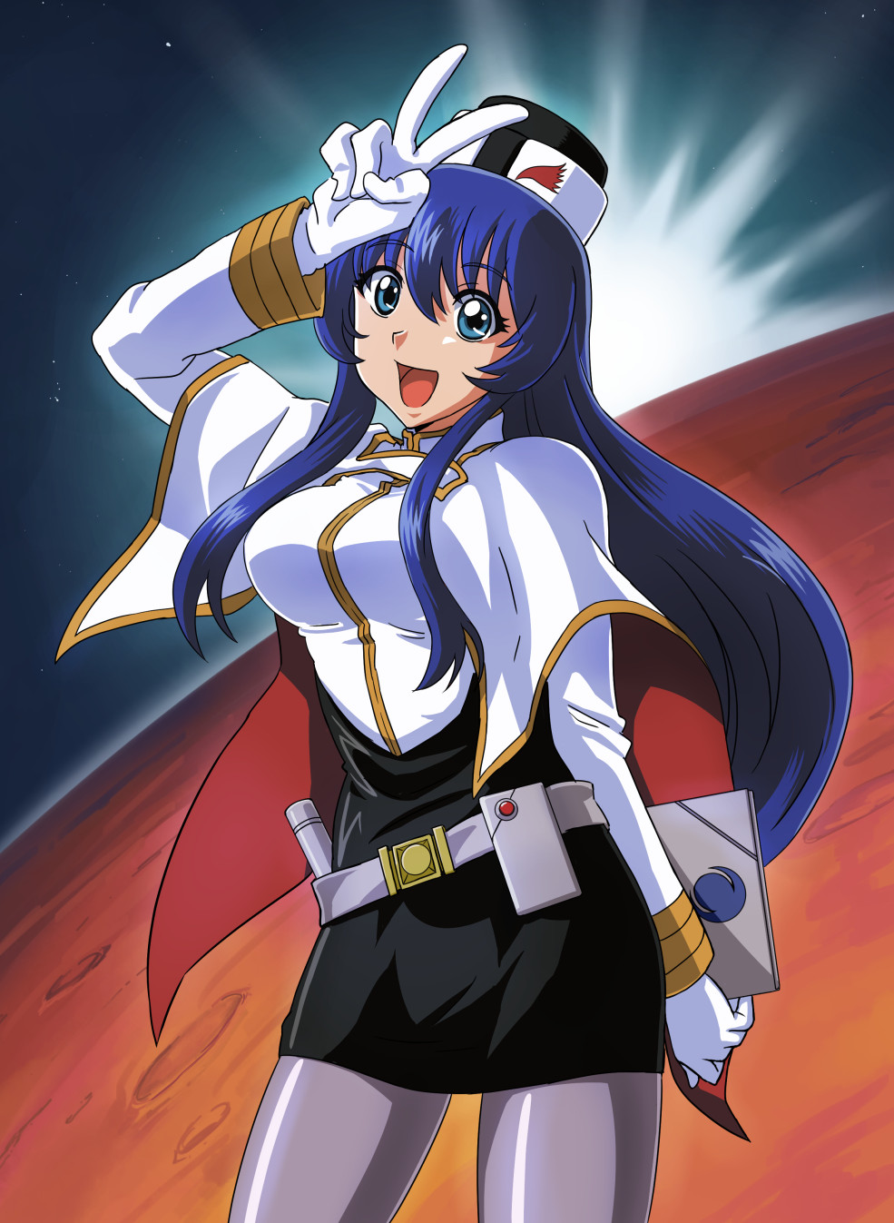 1990s_(style) 1girl black_legwear black_skirt blue_eyes blue_hair breasts highres hyumasu kidou_senkan_nadesico looking_at_viewer medium_breasts misumaru_yurika open_mouth pantyhose pencil_skirt skirt smile solo uniform v