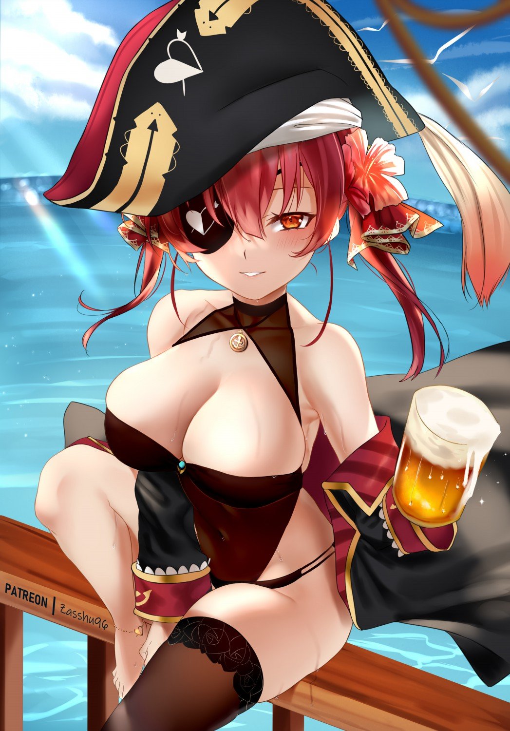 1girl alcohol anklet arrow_through_heart bangs bare_shoulders beer beer_mug black_coat black_legwear blush bodystocking breasts coat cup day eyebrows_visible_through_hair eyepatch flower hair_flower hair_ornament hair_ribbon hat highres holding holding_cup hololive houshou_marine jewelry lace-trimmed_legwear lace_trim large_breasts long_hair looking_at_viewer mug off_shoulder open_mouth outdoors parted_lips pirate red_eyes redhead ribbon single_thighhigh sitting skindentation smile solo thigh-highs thighs twintails virtual_youtuber wet zasshu