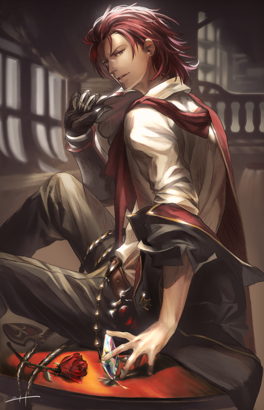 1boy armor belt black_coat coat crystal emblem fingernails flower gauntlets glint granblue_fantasy hair_slicked_back highres holding looking_at_viewer looking_back male_focus off-shoulder_coat off_shoulder parted_lips percival_(granblue_fantasy) red_eyes red_flower red_rose redhead rose ship_interior single_gauntlet sitting sleeves_rolled_up slowl241 smile solo