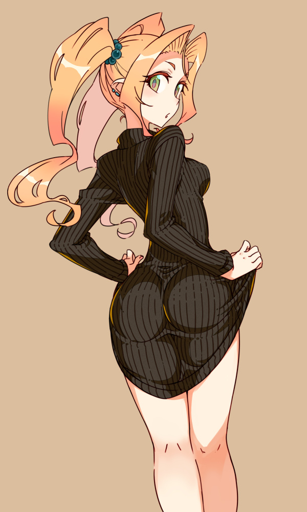 1girl :o ass back bare_legs beige_background black_sweater blonde_hair breasts green_eyes grin kagaminomachi_no_kaguya kusanagi_tonbo long_hair long_sleeves looking_at_viewer otohime_(kagaminomachi_no_kaguya) pantyhose parted_lips ribbed_sweater simple_background smile solo sweater twintails