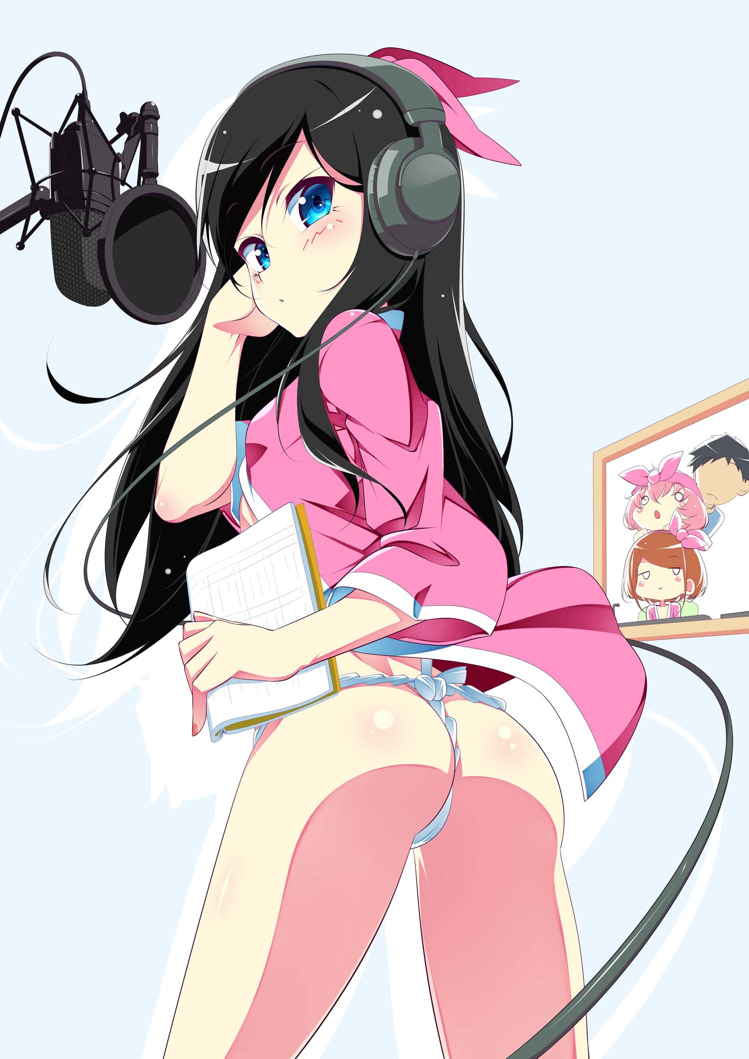 1girl ass back black_hair blue_eyes blush fundoshi hair_ribbon headphones highres japanese_clothes kakurenbo_futari_dake_no_himitsu_no_jikan long_hair microphone ribbon solo tanabe_kyou