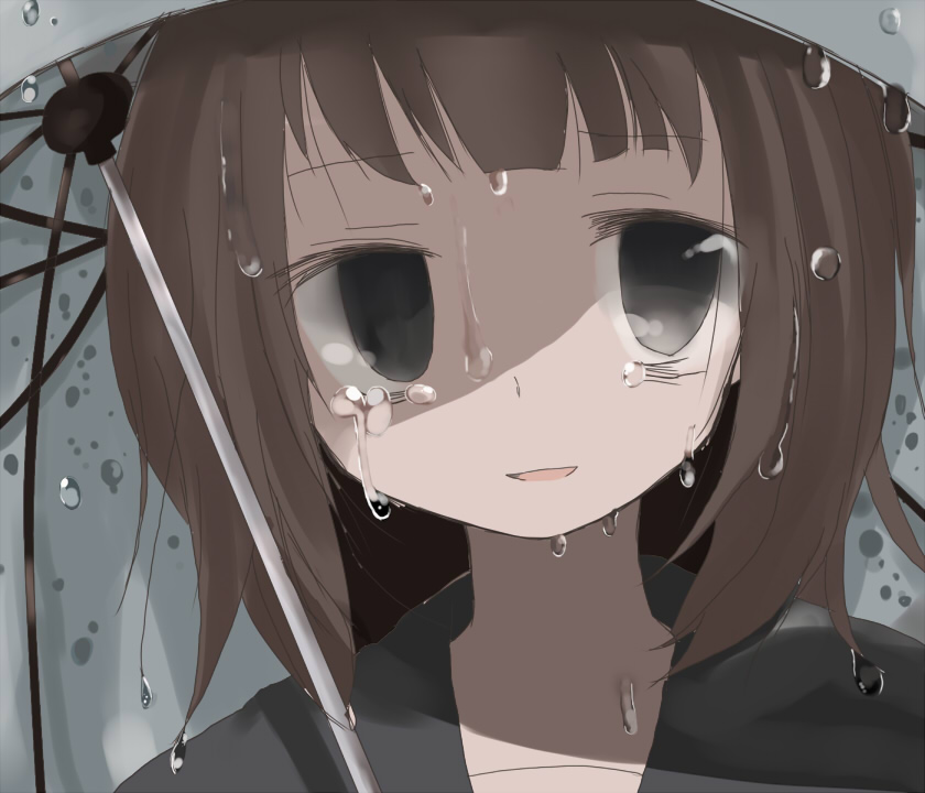 1girl bangs black_eyes black_hair black_sailor_collar commentary_request crying crying_with_eyes_open holding holding_umbrella looking_at_viewer manmi no_pupils original portrait rain sailor_collar solo tears umbrella water