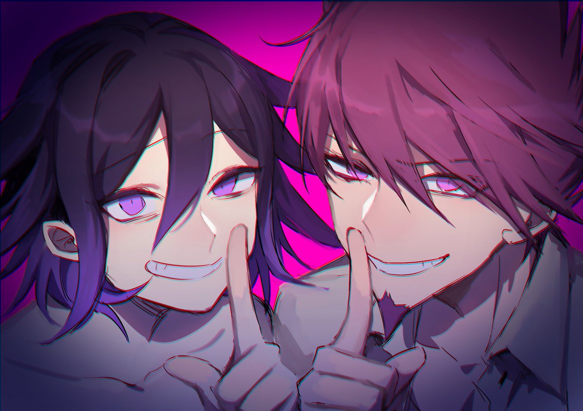 2boys bang collarbone collared_shirt dangan_ronpa face facial_hair finger_gun finger_to_mouth goatee grin hair_between_eyes index_finger_raised looking_at_viewer male_focus medium_hair momota_kaito multiple_boys nanin new_dangan_ronpa_v3 ouma_kokichi pink_hair purple_hair shirt short_hair shushing smile spiky_hair teeth