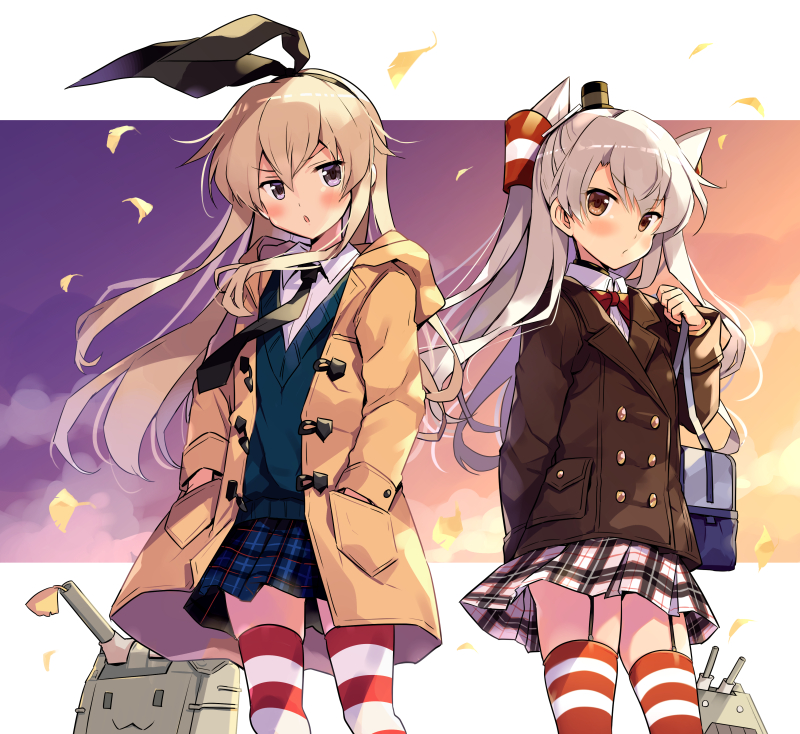 2girls alternate_costume amatsukaze_(kantai_collection) aqua_vest black_coat black_neckwear blonde_hair blue_skirt blush brown_eyes coat collared_shirt eyebrows_visible_through_hair feet_out_of_frame grey_eyes hair_between_eyes hair_tubes hands_in_pockets kantai_collection long_hair long_sleeves multiple_girls necktie odawara_hakone parted_lips plaid plaid_skirt pleated_skirt red_legwear rensouhou-chan rensouhou-kun shimakaze_(kantai_collection) shirt silver_hair skirt striped striped_legwear thigh-highs two_side_up vest white_shirt white_skirt windsock yellow_coat