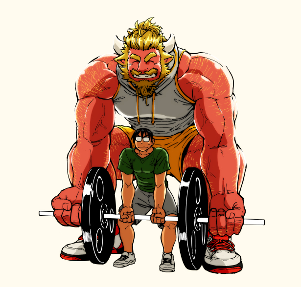 2boys alternate_costume bara bare_arms beard black_hair blonde_hair chest chijimetaro facial_hair full_body giant_male grey_shorts hairy horns lifting lucky_student_(chijimetaro) male_focus miniboy multiple_boys muscle oni oni_horns original pointy_ears red_oni red_oni_(chijimetaro) red_skin short_hair shorts size_difference squatting tank_top thighs weightlifting white_tank_top yellow_shorts