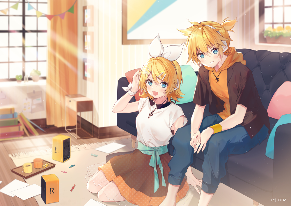 1boy 1girl bangs bass_clef black_shirt black_skirt blonde_hair blue_eyes blue_pants blush bow bracelet candy commentary couch crypton_future_media cup curtains cushion food grin hair_bow hair_ornament hairclip headphones hood hoodie indoors jewelry kagamine_len kagamine_rin looking_at_viewer miniskirt musical_note_necklace necomi official_art open_mouth orange_hoodie painting_(object) pants paper plant potted_plant rug seiza shirt short_hair short_ponytail short_sleeves sitting skirt smile speaker spiky_hair sunlight swept_bangs treble_clef vocaloid white_bow white_shirt window wooden_floor wristband