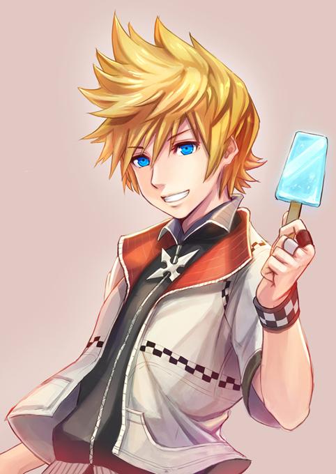 1boy blonde_hair blue_eyes food gogo_(detteiu_de) ice_cream jacket kingdom_hearts kingdom_hearts_ii looking_at_viewer male_focus roxas simple_background smile solo spiky_hair