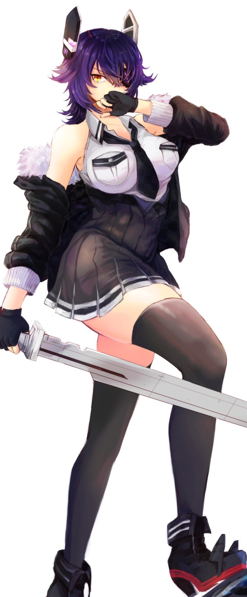 1girl bangs black_gloves black_jacket black_legwear black_neckwear black_skirt breast_pocket breasts eyepatch fur-trimmed_jacket fur_trim gloves hagioshi headgear high-waist_skirt highres holding holding_sword holding_weapon jacket kantai_collection large_breasts necktie off_shoulder orange_eyes partly_fingerless_gloves pocket purple_hair remodel_(kantai_collection) simple_background skirt solo sword tenryuu_(kantai_collection) thigh-highs weapon white_background