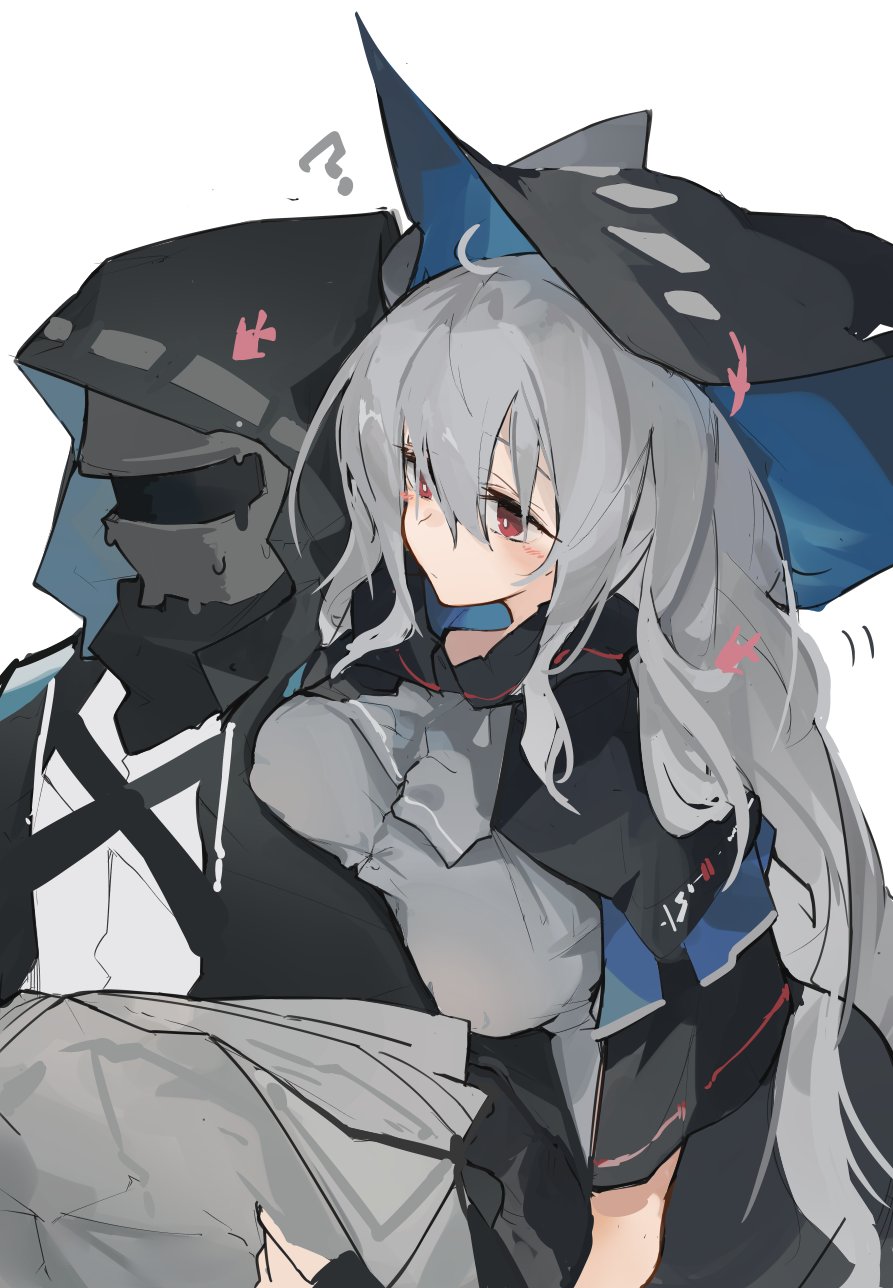 1boy 1girl arknights blush breasts closed_mouth doctor_(arknights) grey_hair hair_between_eyes hat highres large_breasts leaning_forward long_hair looking_away mikojin red_eyes short_sleeves simple_background skadi_(arknights) white_background