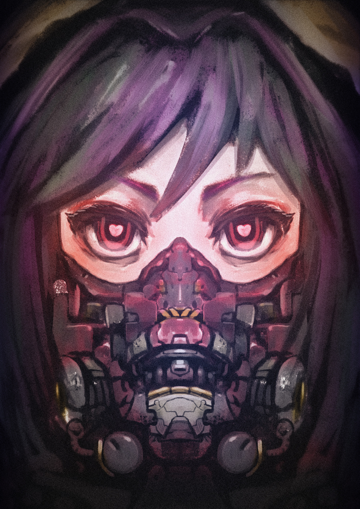 1girl black_hair face gas_mask heart heart-shaped_pupils looking_at_viewer mask mouth_mask multicolored multicolored_hair original purple_hair red_eyes renkoma science_fiction short_hair solo symbol-shaped_pupils