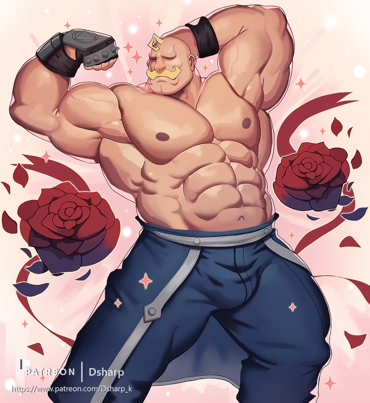 1boy abs alex_louis_armstrong amestris_military_uniform artist_name bald bara blonde_hair bulge chest dsharp facial_hair feet_out_of_frame flexing flower fullmetal_alchemist gauntlets highres male_focus manly military military_uniform muscle mustache navel nipples patreon_username petals pose rose rose_petals shirtless solo sparkle thick_thighs thighs uniform