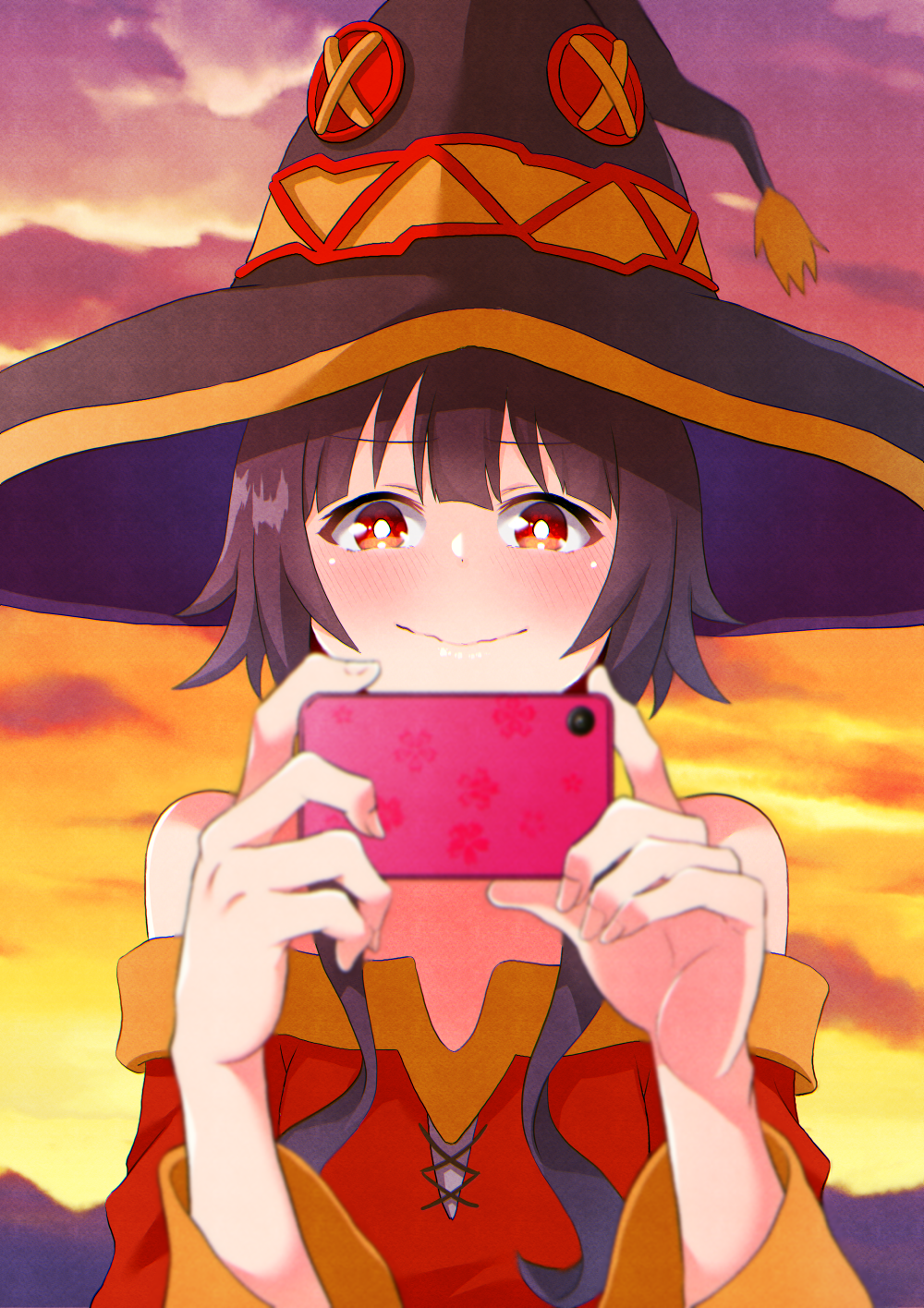 1girl blurry brown_hair cellphone depth_of_field hat highres holding kono_subarashii_sekai_ni_shukufuku_wo! looking_at_viewer megumin orange_eyes outdoors phone short_hair smartphone smile solo sunset witch_hat yasehattagi