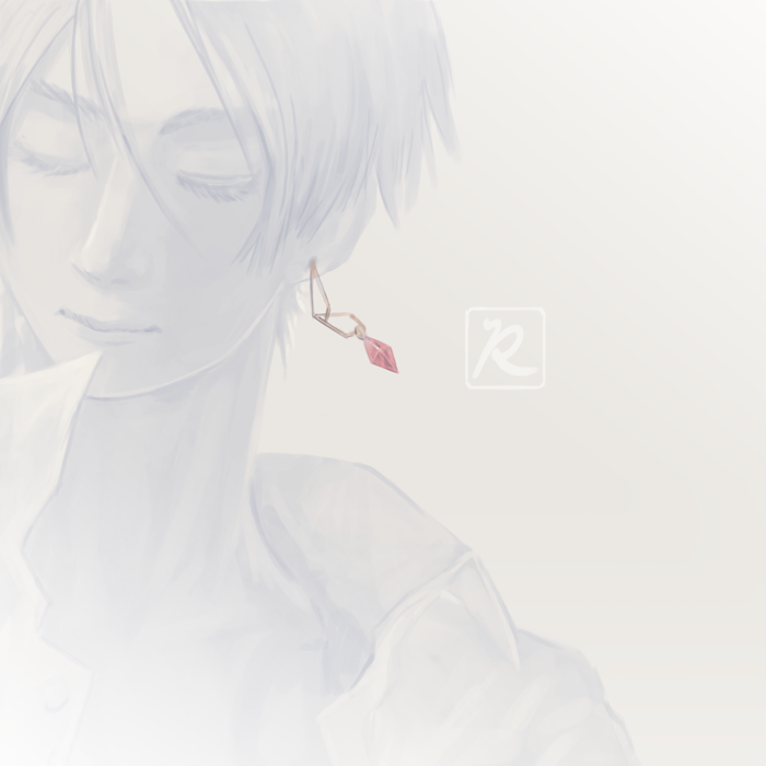 1boy bishounen closed_eyes closed_mouth earrings grey_background greyscale hair_between_eyes jewelry male_focus monochrome original renkoma signature simple_background single_earring smile solo spot_color upper_body