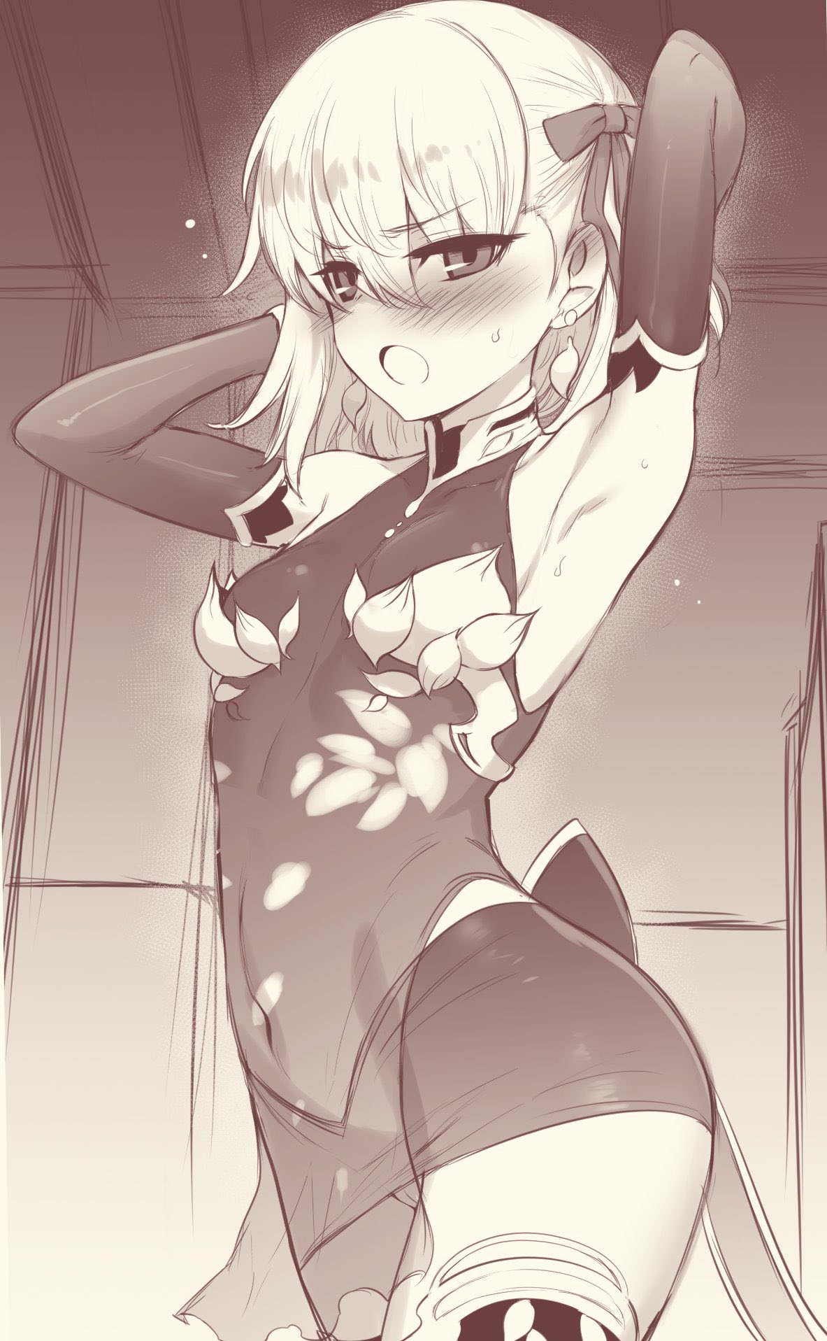 1girl armpits arms_behind_head arms_up bangs blush breasts fate/grand_order fate_(series) greyscale highres kama_(fate/grand_order) looking_at_viewer m-da_s-tarou monochrome open_mouth short_hair