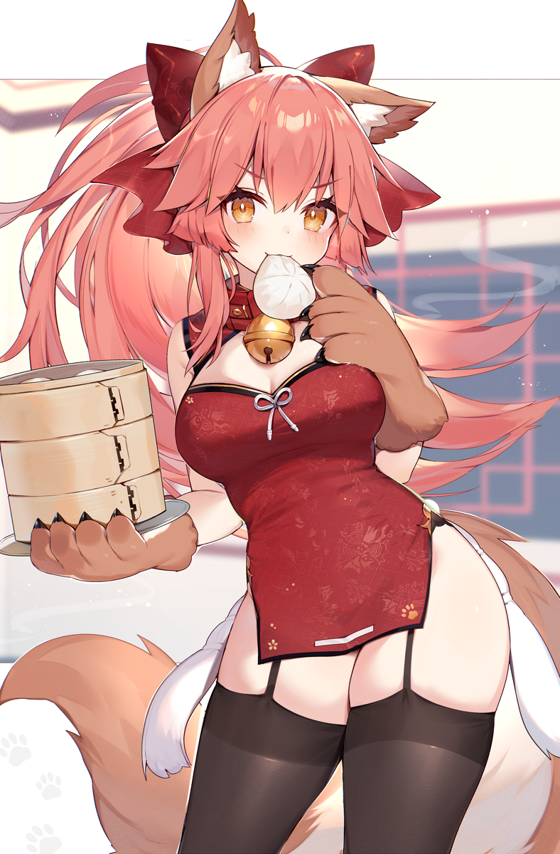 1girl animal_ear_fluff animal_ears bell bell_collar blush breasts china_dress chinese_clothes collar dress fate/extra fate/grand_order fate_(series) fox_ears fox_girl fox_tail gloves highres jingle_bell large_breasts looking_at_viewer muryotaro paw_gloves paws pink_hair ponytail tail tamamo_(fate)_(all) tamamo_cat_(fate) thigh-highs thighs yellow_eyes